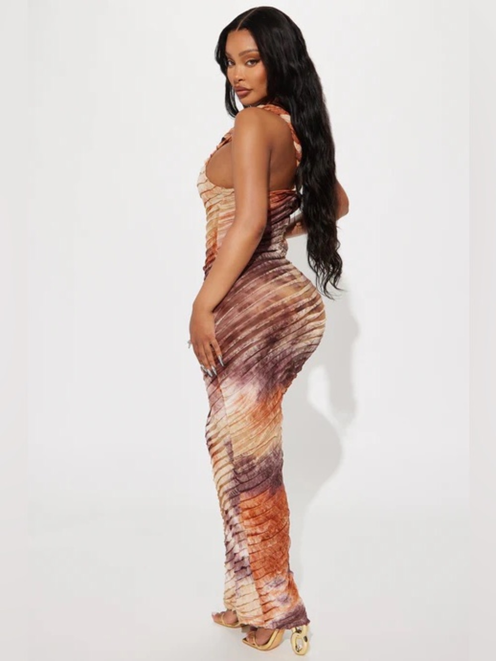 Fashion Nova One-Shoulder Tie-Dye Ribbed Maxi Dress in Brown and Cream - Picture 3 of 9